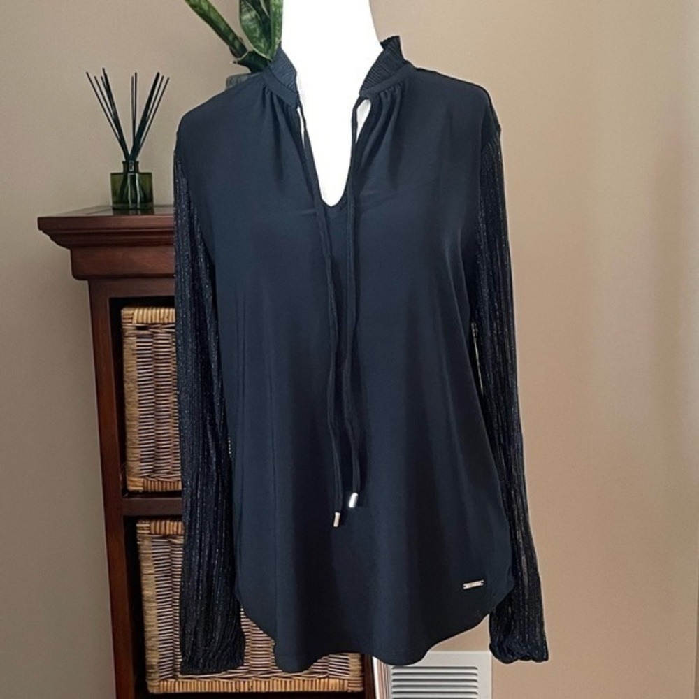 Anne Klein Tie Neck Top With Sheer Silver/Black Sleeves And Crinkle Neck Detail